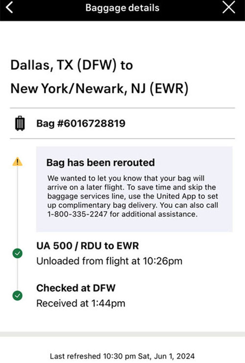 A screenshot of United's app showing the rerouted bag messaging on the author's DFW-EWR flight.