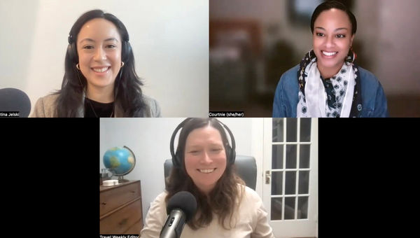 Buddymoons, minimoons, maximoons and more-moons: A discussion on the new era of wedding and celebration travel. Clockwise from top left: Christina Jelski of Travel Weekly, Courtnie Nichols of TravelBash and host Rebecca Tobin.