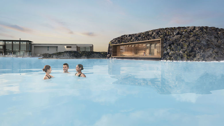 Blue Lagoon is making changes to elevate its geothermal spa experience, including a new sauna (rendering on the right).