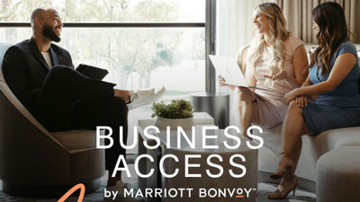 A promotional image from Marriott International highlighting the company's Business Access by Marriott Bonvoy, a travel management platform designed for small- to medium-sized businesses.