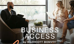 A promotional image from Marriott International highlighting the company's Business Access by Marriott Bonvoy, a travel management platform designed for small- to medium-sized businesses.