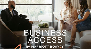 A promotional image from Marriott International highlighting the company's Business Access by Marriott Bonvoy, a travel management platform designed for small- to medium-sized businesses.