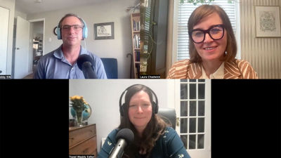 Clockwise from top left: Robert Silk of Travel Weekly, Laura Chadwick of the Travel Technology Association and Folo by Travel Weekly host Rebecca Tobin on an episode talking about new rules on aviation refunds and ancillary displays.