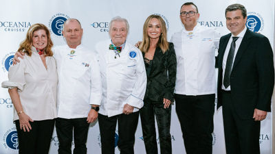 Oceania Cruises president Frank A. Del Rio (far right) with Oceania culinary connoisseurs (from left) Claudine Pépin, Eric Barale, Jacques Pépin, Giada De Laurentiis and Alexis Quaretti.