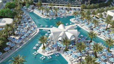 The Fontainebleau’s six-acre Oasis Pool Deck, seen here in a rendering, will host Sunday-night movies throughout the spring and summer.