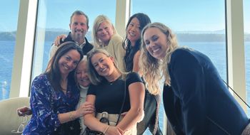 Embark advisors enjoying their Silver Nova cruise. On the top row (left to right) are Silversea's Tim Amm with Jenny McCalley, Shinny Bickoff and Annie Holm. On the bottom row are Amy Warren, Victoria Page and Malley Goodwin.