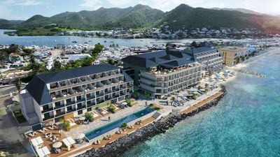 A rendering of the Whimsy Hotel & Spa Saint-Martin, which will be home to a restaurant, a lobby beach bar, a rooftop bar and a pool juice bar as well as a spa, a fitness center, a beach club and meetings and event space.