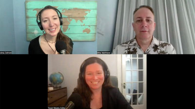 Clockwise from top left: Travel Weekly cruise editor Andrea Zelinski; Mike Matthews of CruisePlanners Fernandia Beach; and Folo host Rebecca Tobin talk about the appeal of cruise lines' private destinations.