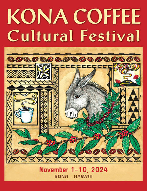 The signature art for the 2024 Kona Coffee Cultural Festival features a Kona Nightingale, or donkey, to represent the animal’s part in helping the coffee farmers.