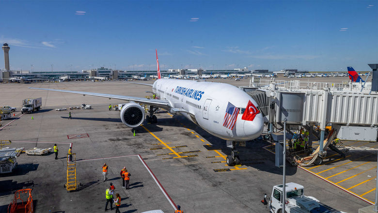 The first Turkish Airlines flight to Denver sits at the gate shortly after arrival on June 11.