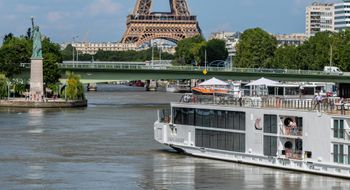 A Viking river ship on the Seine in Paris.