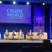 Cruise sales execs gather for the Masterminds Leadership panel. From left, Katina Athanasiou of Celebrity; John Chernesky of NCL, Rob Coleman of Holland America, Koreen McNutt of MSC Cruises, Anthony Meloro of Royal Caribbean; Adolfo Perez of Carnival; and Carmen Roig of Princess, with moderator Mary Pat Sullivan.